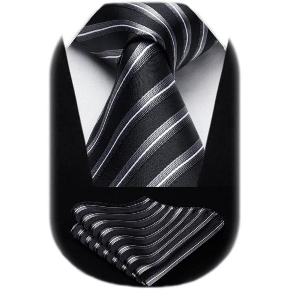 Mens silk stripe tie and pocket square set formal business wedding suit accessor